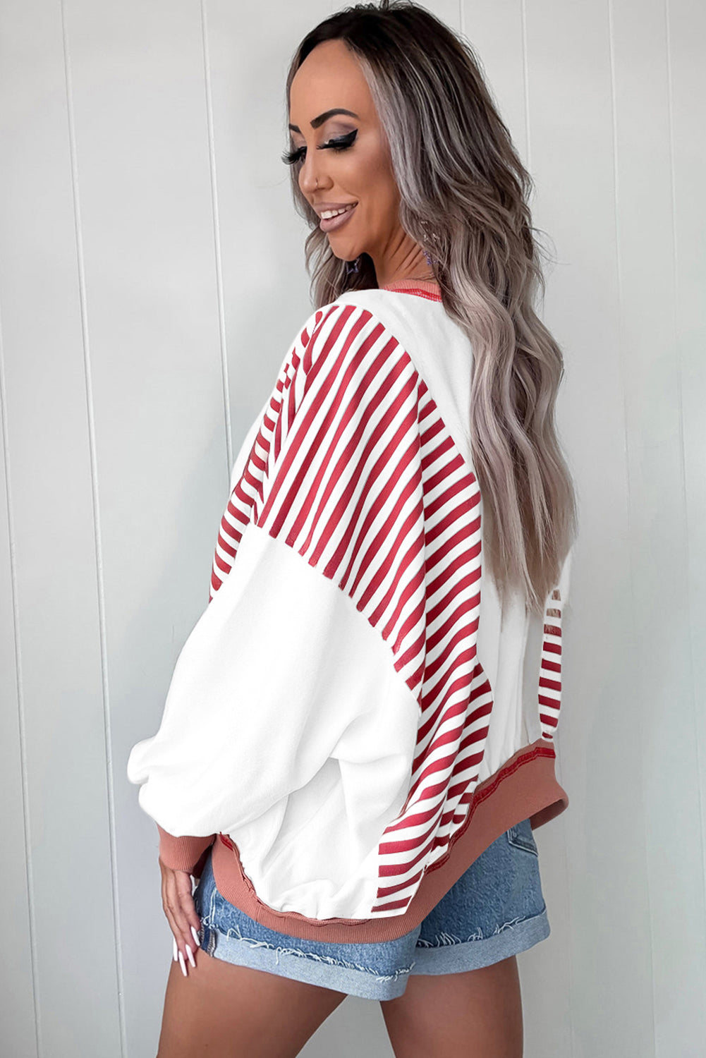 Red Stripe Colorblock Patchwork Stitching Detail Plus Size Sweatshirt