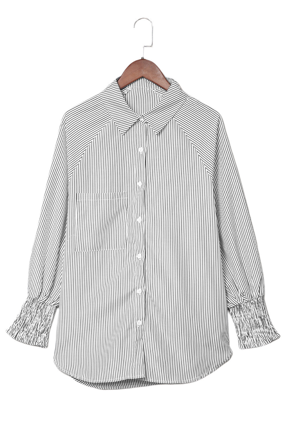Black Striped Casual Shirred Cuffs Shirt - Cowaa