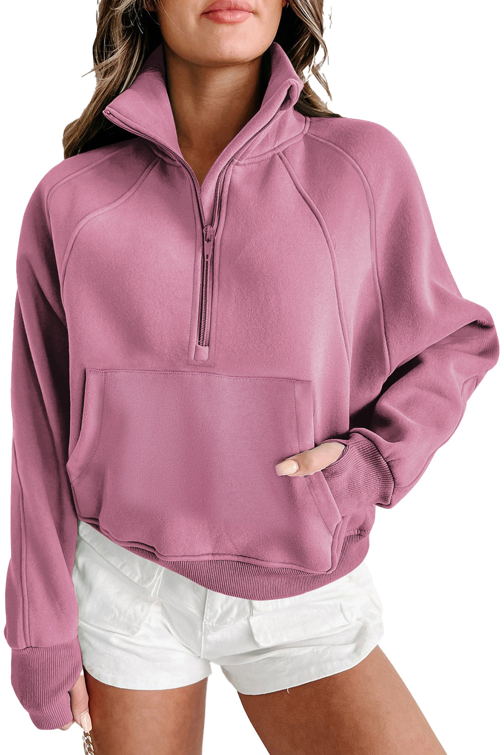 Brown Zip Up Stand Collar Thumbhole Sleeve Sweatshirt - Cowaa