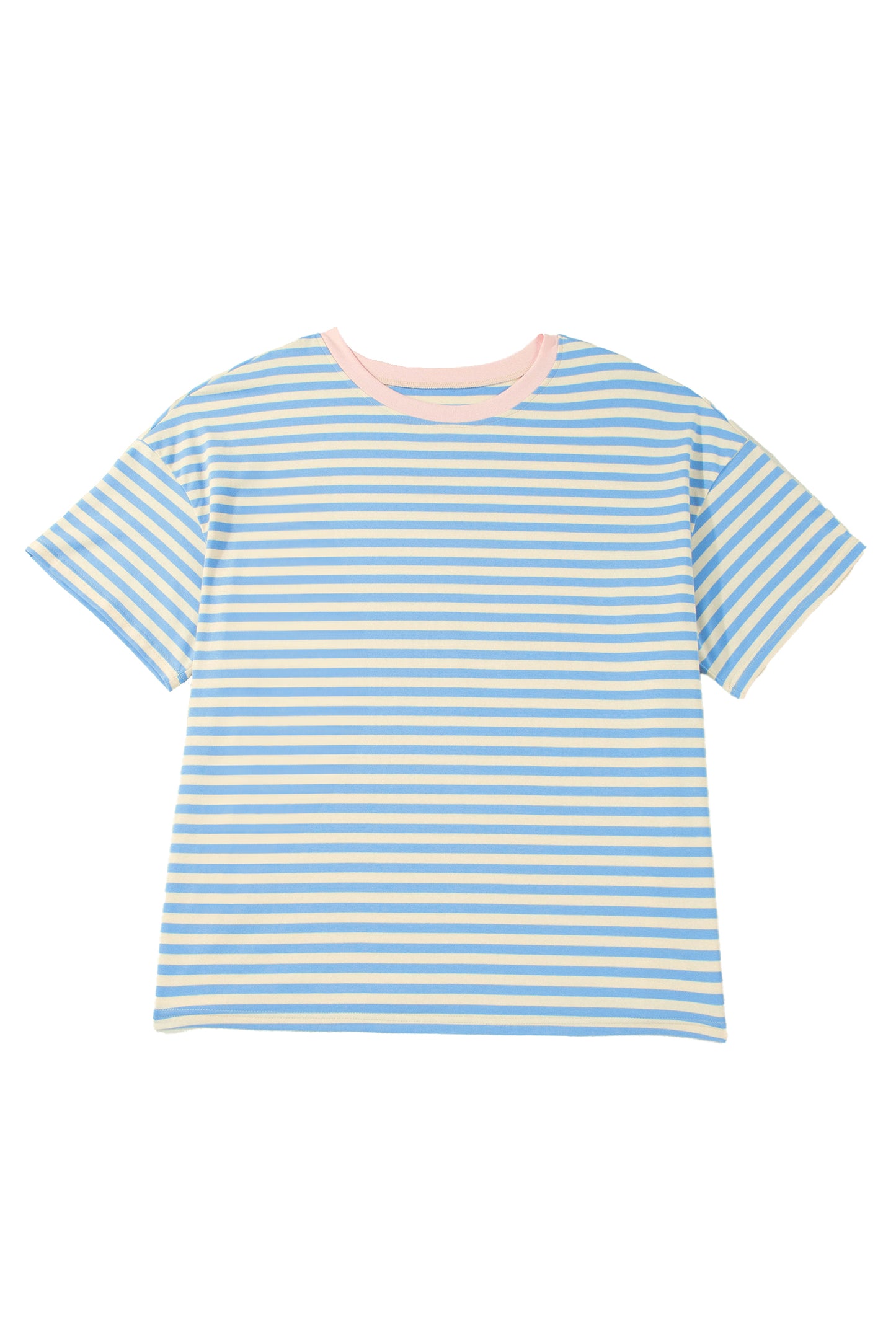 Sky Blue Stripe Plus Size Drop Shoulder Contrast Trim Round Neck Tee