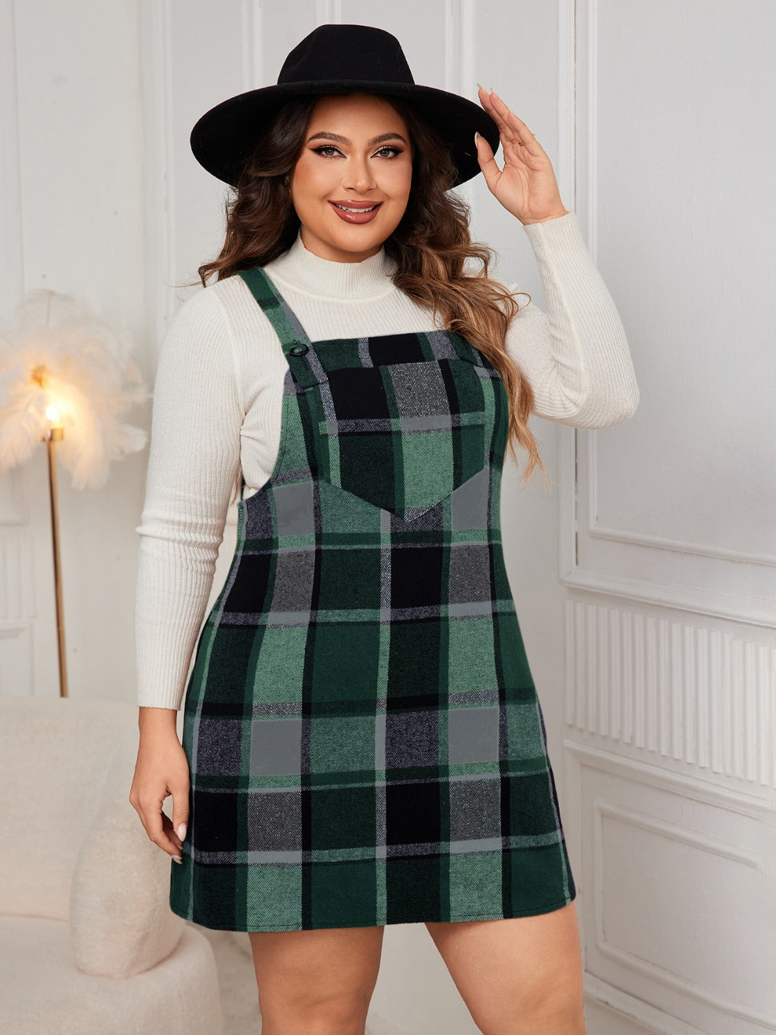 Plus Size Plaid Wide Strap Overall Dress - Cowaa