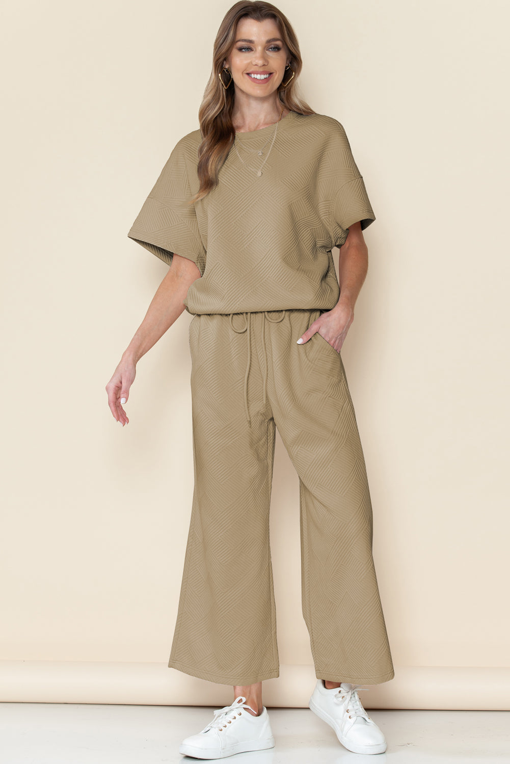 Navy Blue Textured Loose Fit T Shirt and Drawstring Pants Set - Cowaa