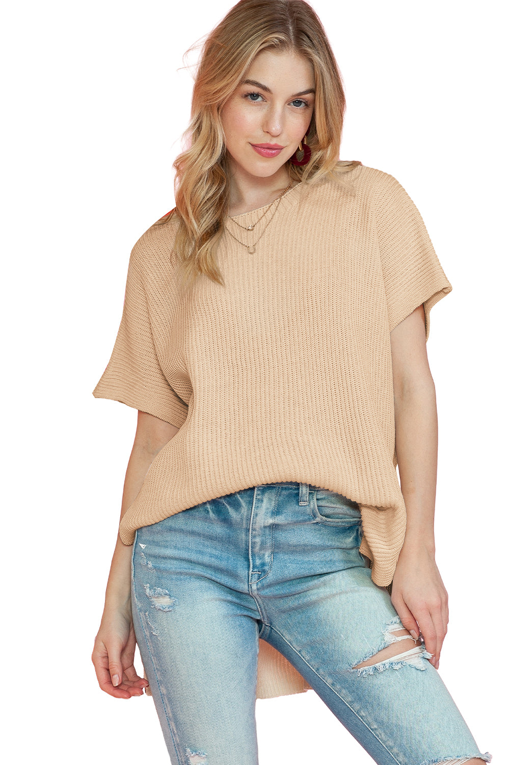 Rose Red Side Slit Short Sleeve Oversized Sweater - Cowaa