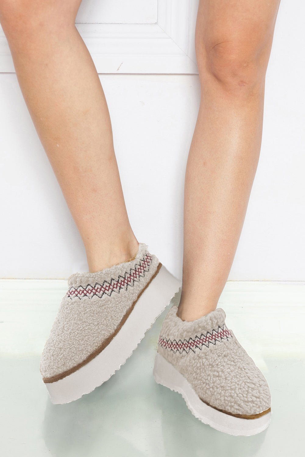 White Suede Contrast Print Plush Platform Snow Boots - Cowaa