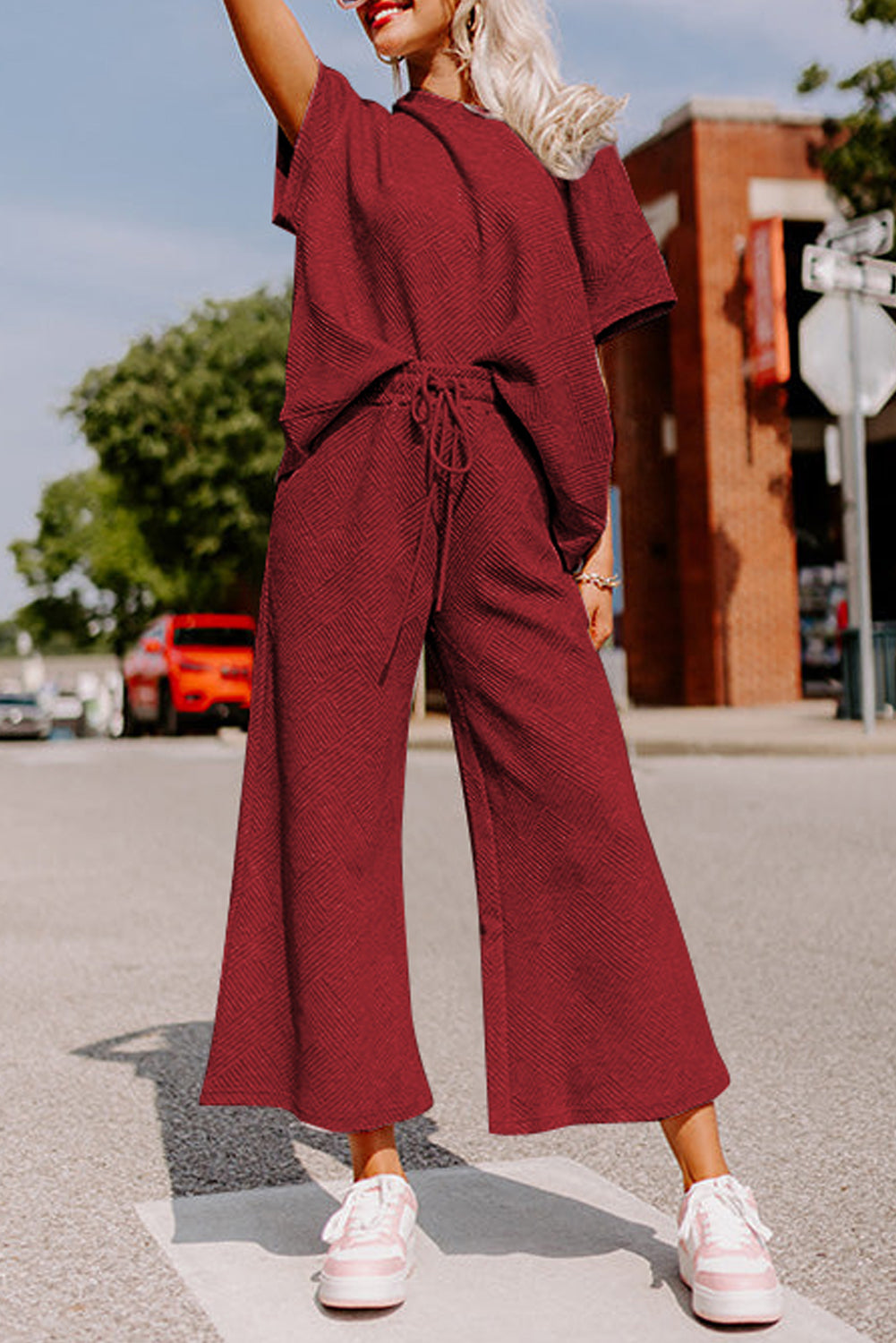Navy Blue Textured Loose Fit T Shirt and Drawstring Pants Set - Cowaa