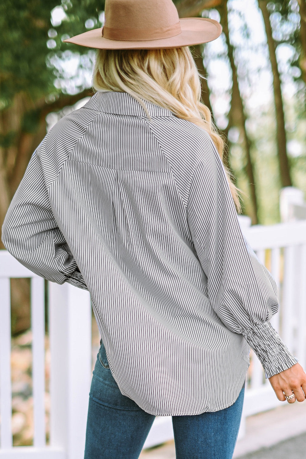 Black Striped Casual Shirred Cuffs Shirt - Cowaa