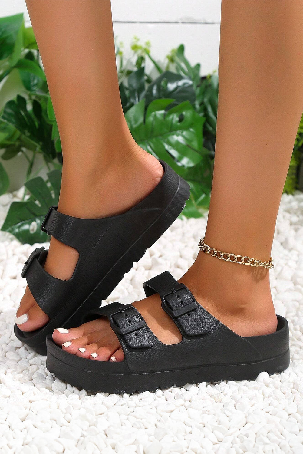Double Buckle Strap Flat Sandels - Cowaa