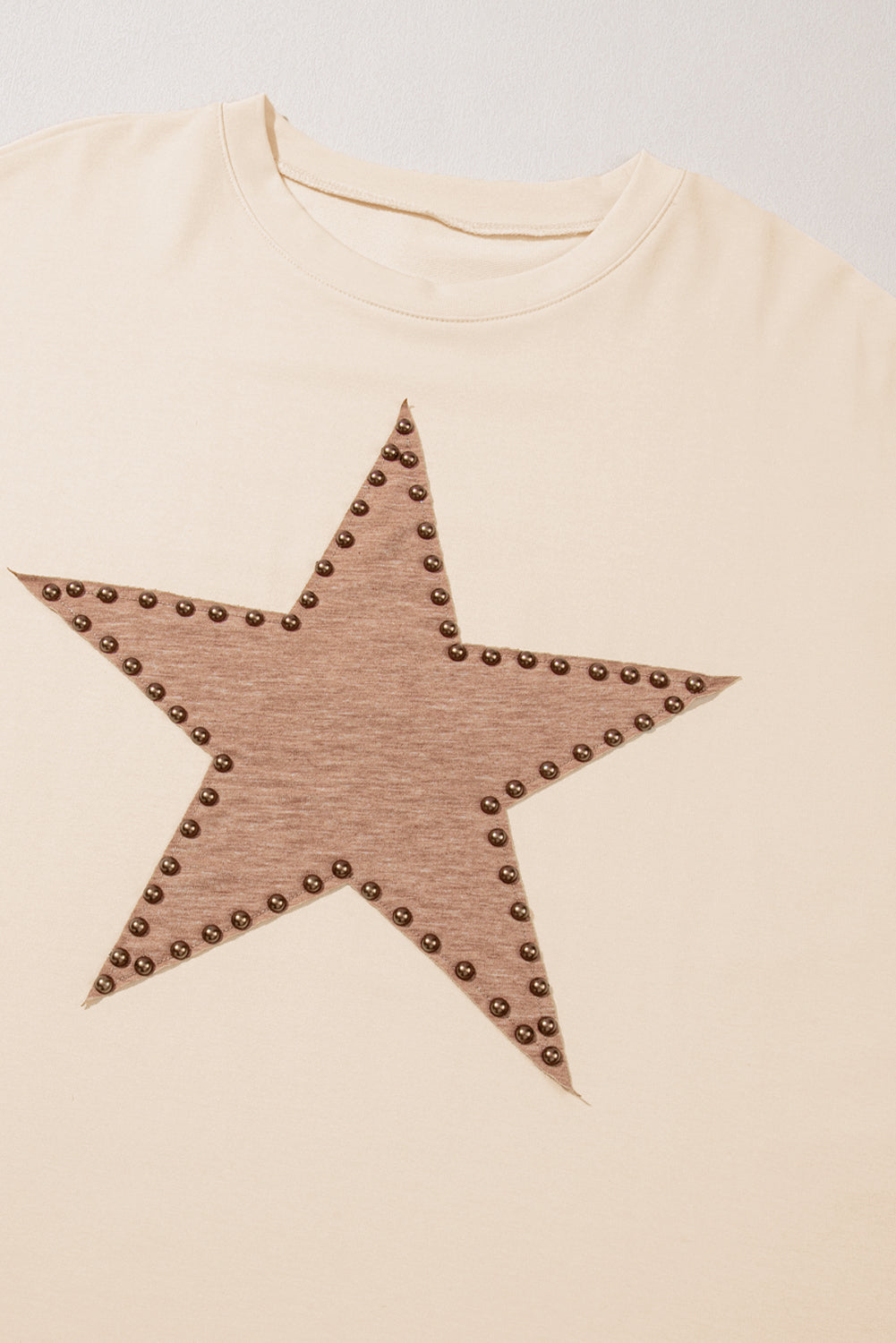 Beige Star Shape Studded Crew Neck Plus Size T Shirt - Cowaa