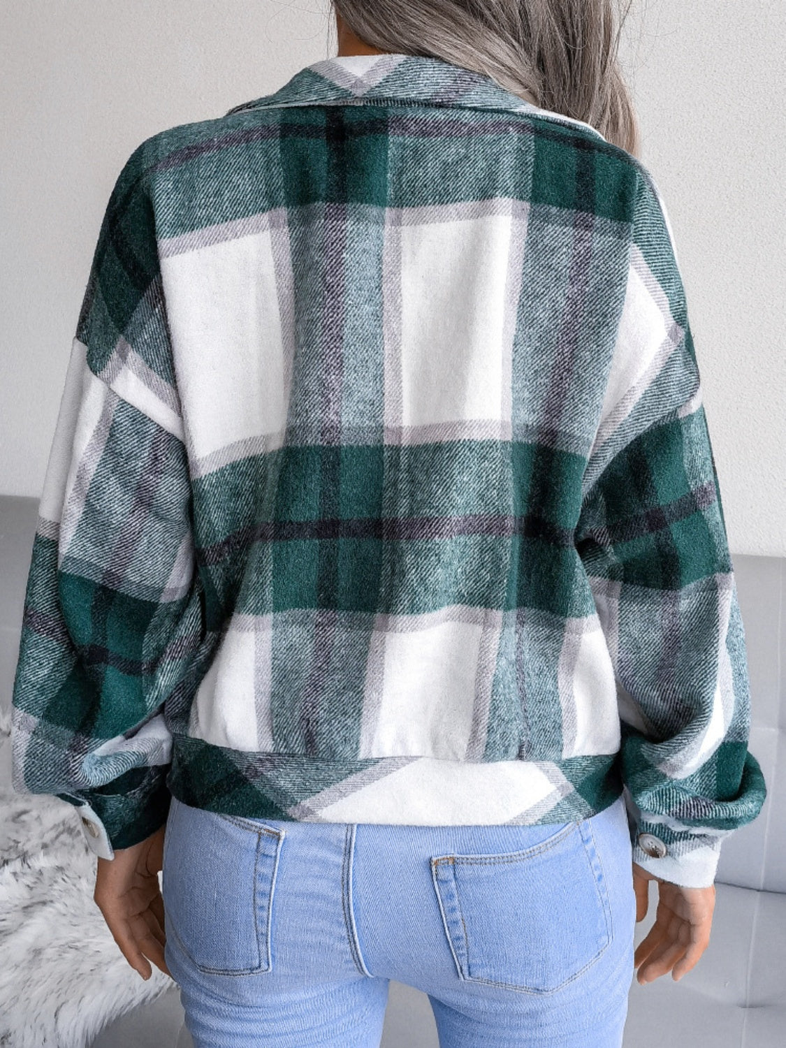 Plaid Collared Neck Long Sleeve Jacket - Cowaa