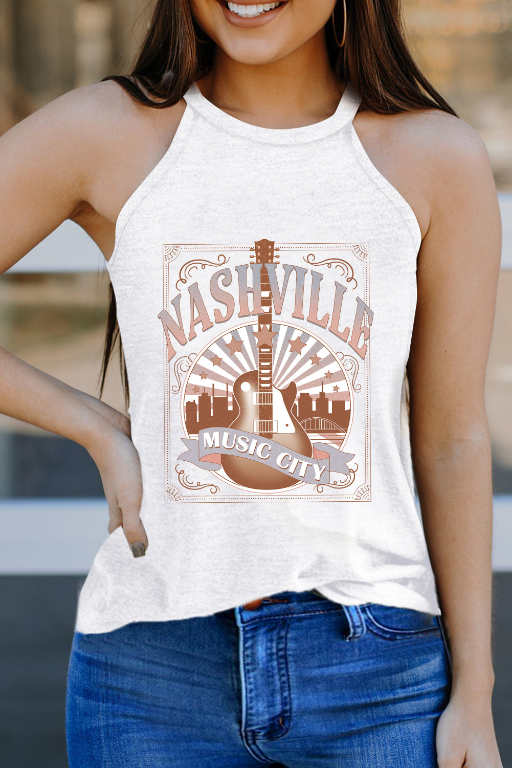 White NASHVILLE MUSIC CITY Guitar Graphic Tank Top - Cowaa
