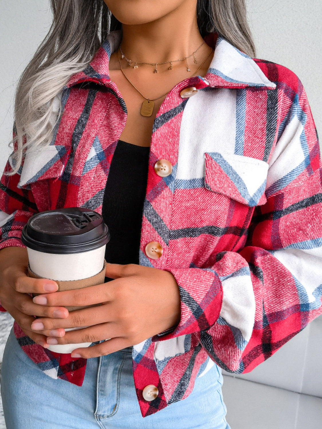 Plaid Collared Neck Long Sleeve Jacket - Cowaa