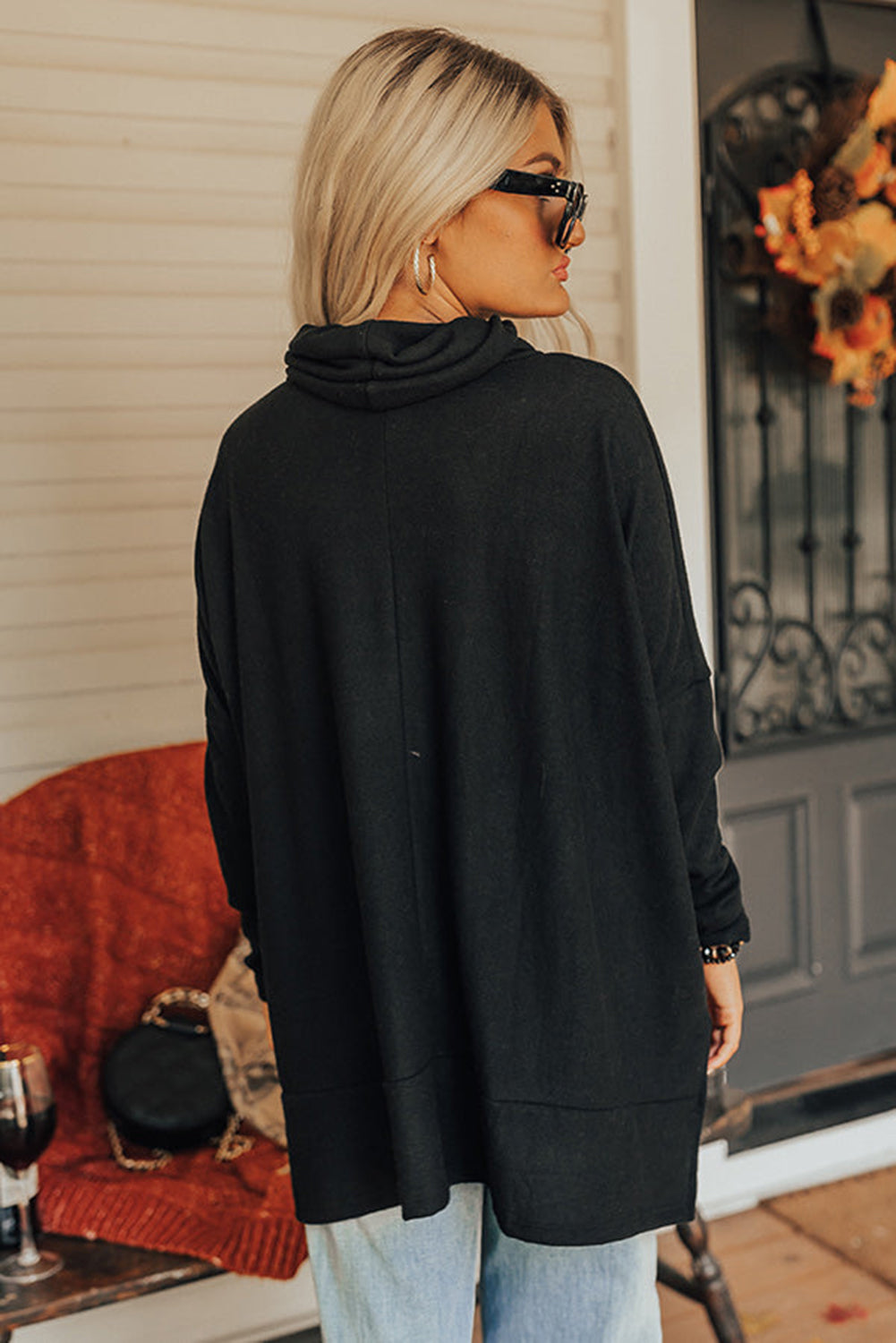 Cowl Neck Loose Fit Tunic Long Sleeve Top - Cowaa