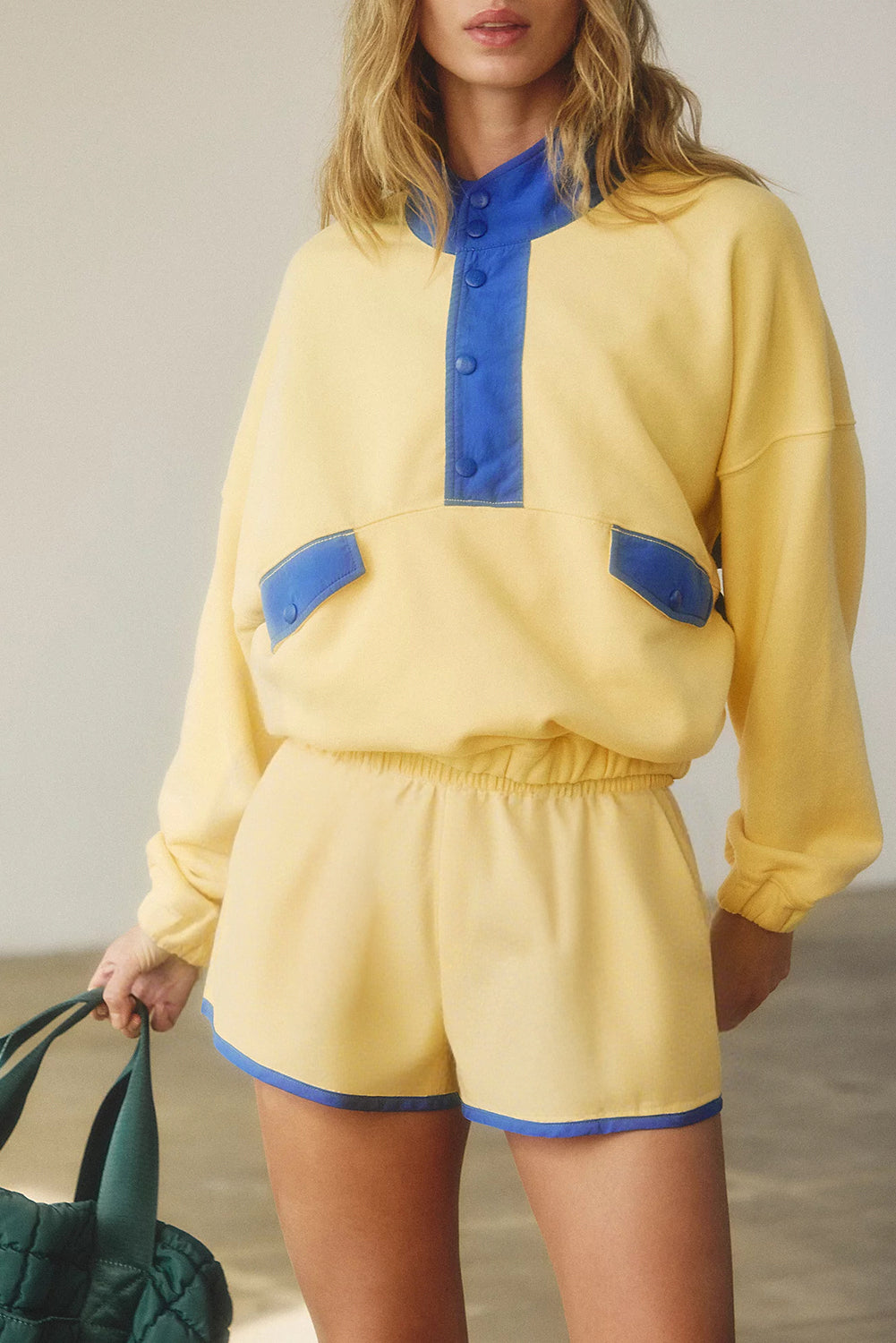 Red Dahlia Colorblock Patchwork Half Button Pullover and Shorts Outfit