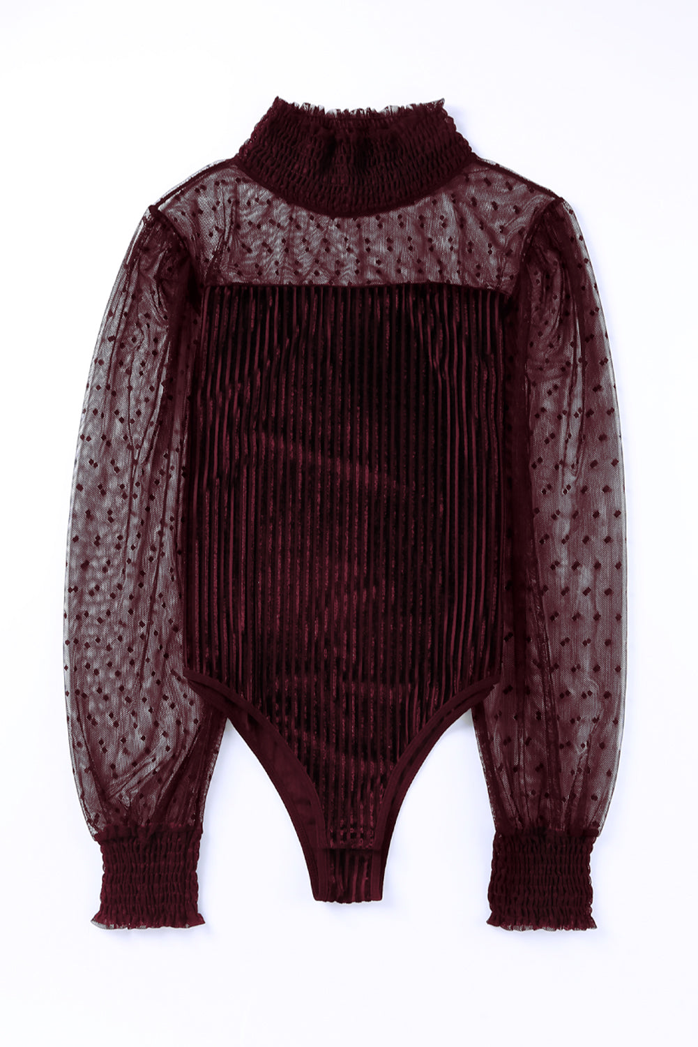 Sheer Dotty Puff Sleeve Ribbed Velvet Bodysuit - Cowaa