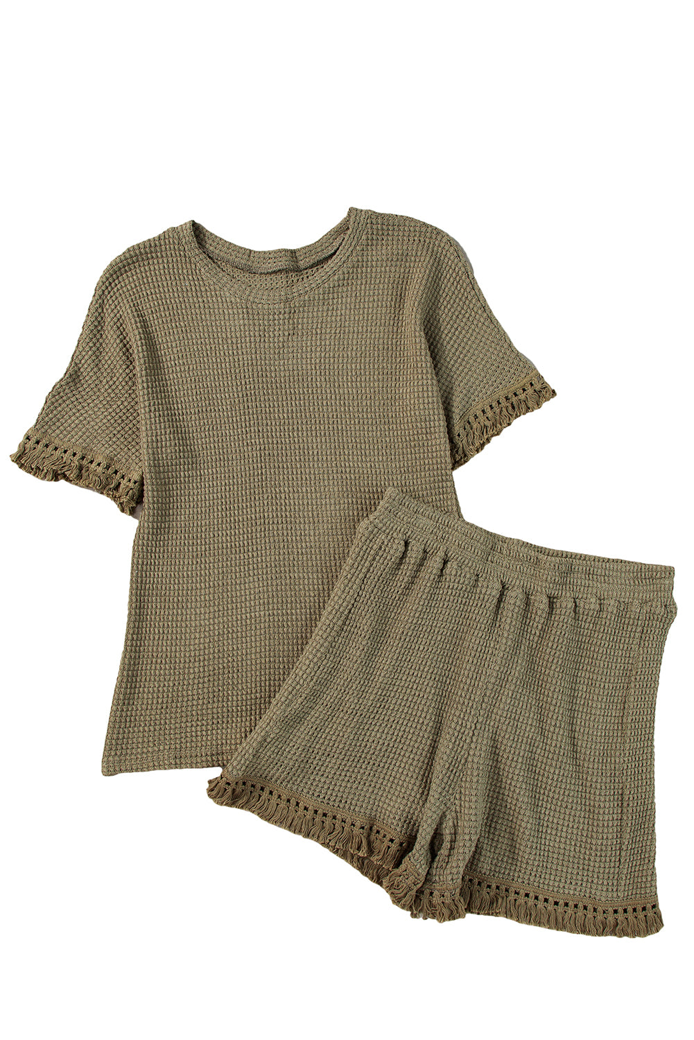 Beige Fringe Trim Waffle Knit Textured Shorts Set - Cowaa