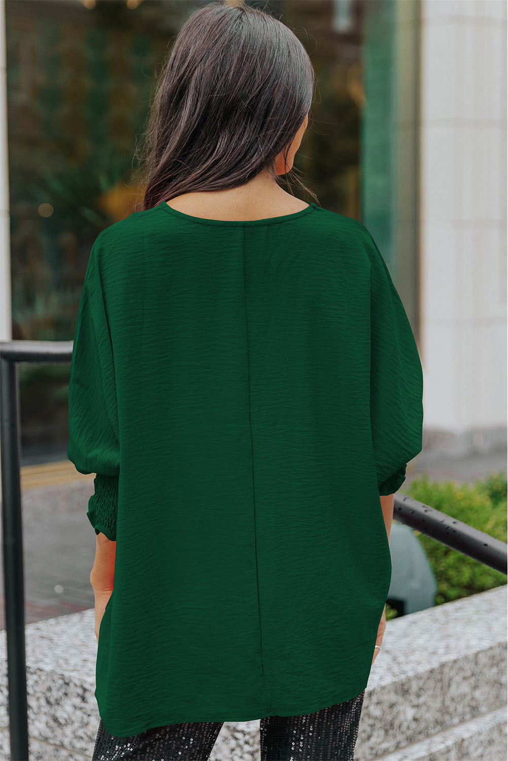 Apricot Solid Casual Smocked Cuffs Batwing Sleeve Blouse - Cowaa
