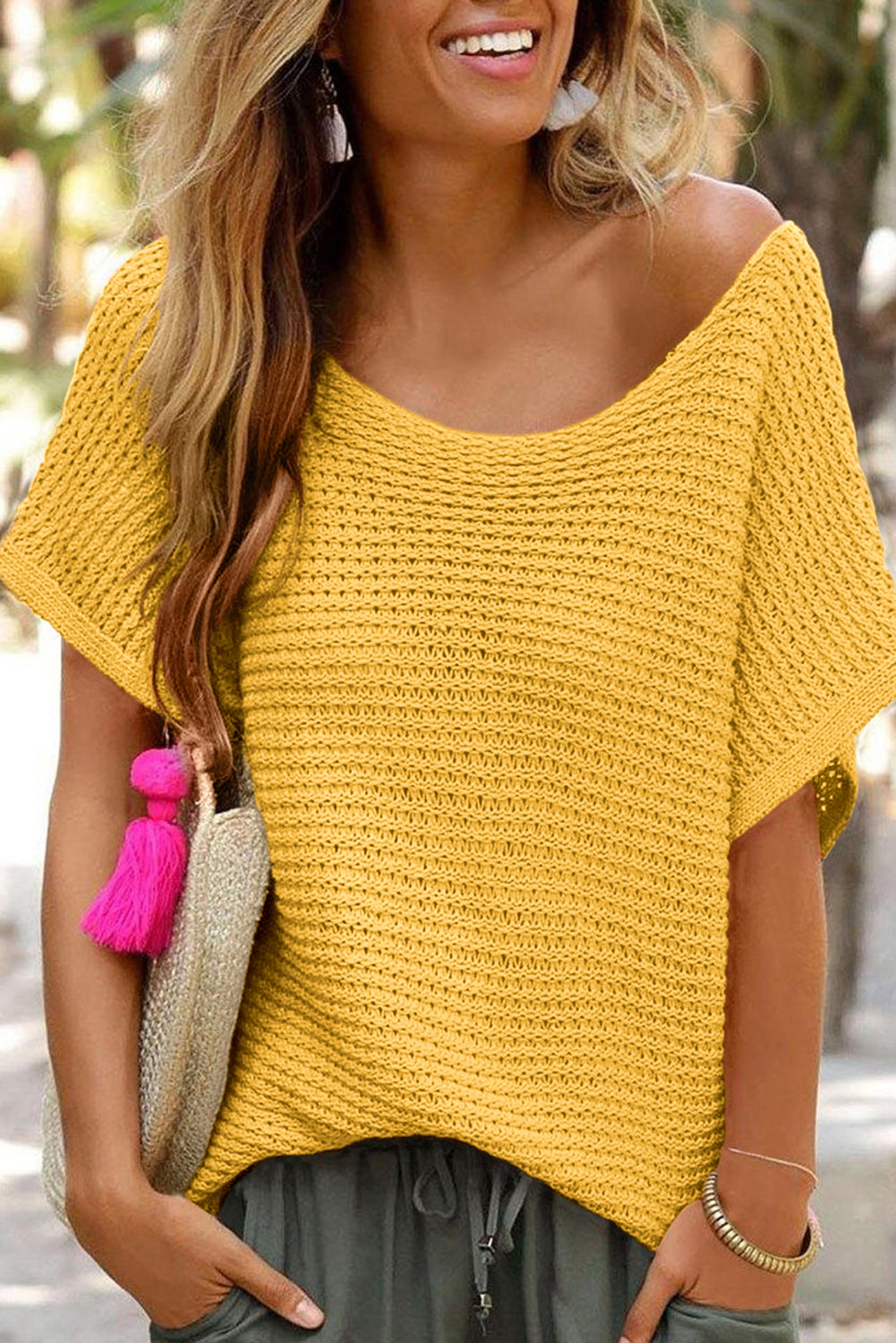 Pink Plain Knit Loose Batwing Sleeve Blouse - Cowaa