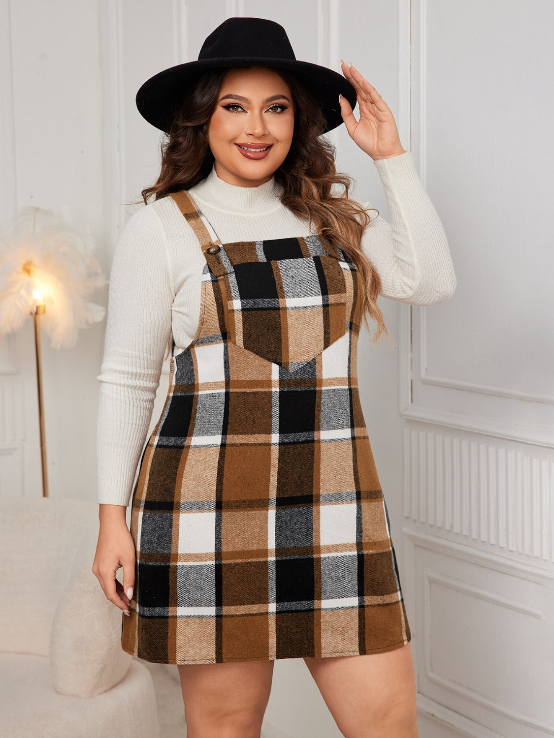 Plus Size Plaid Wide Strap Overall Dress - Cowaa