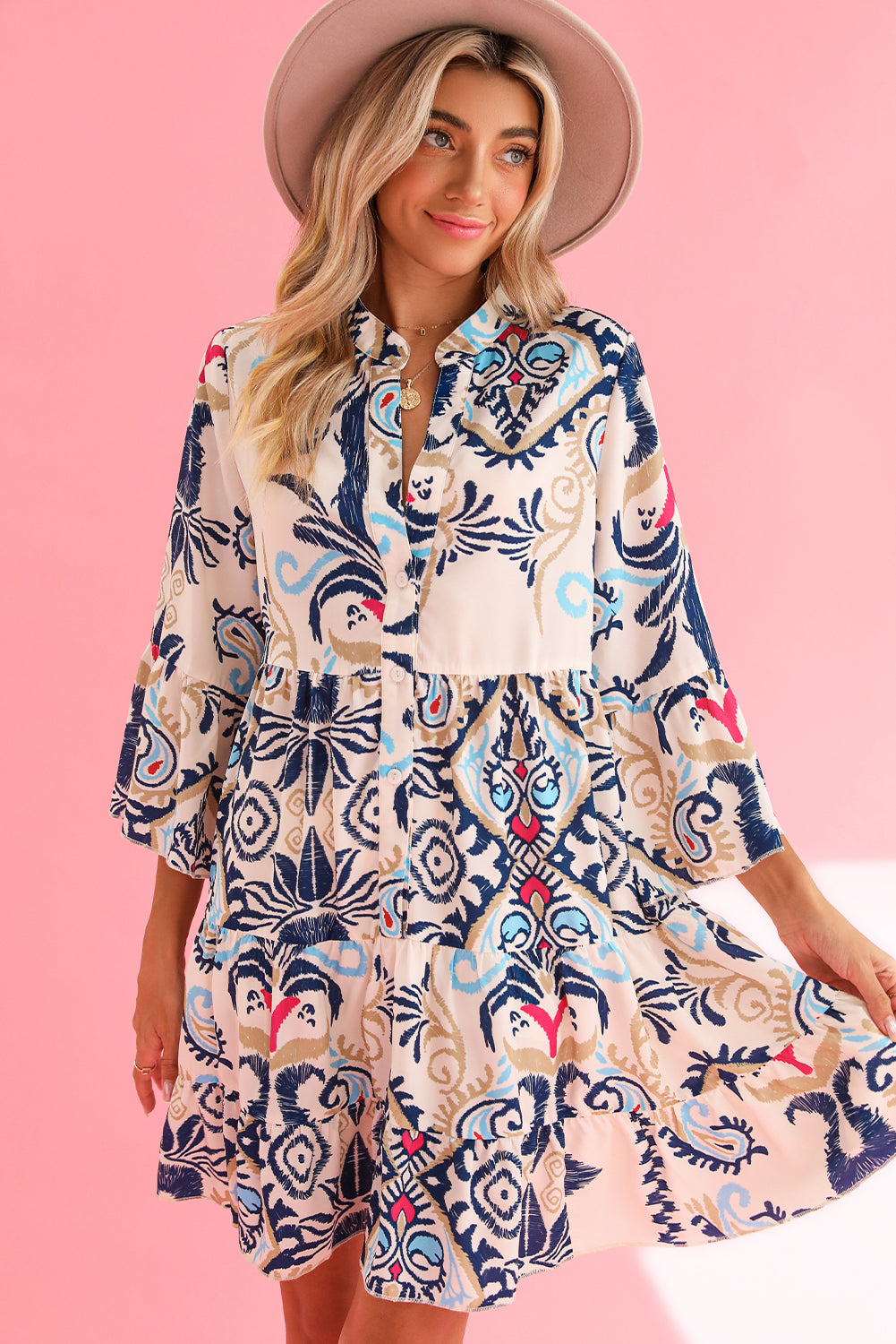 White Ethnic Print Boho Button Tiered Mini Dress - Cowaa