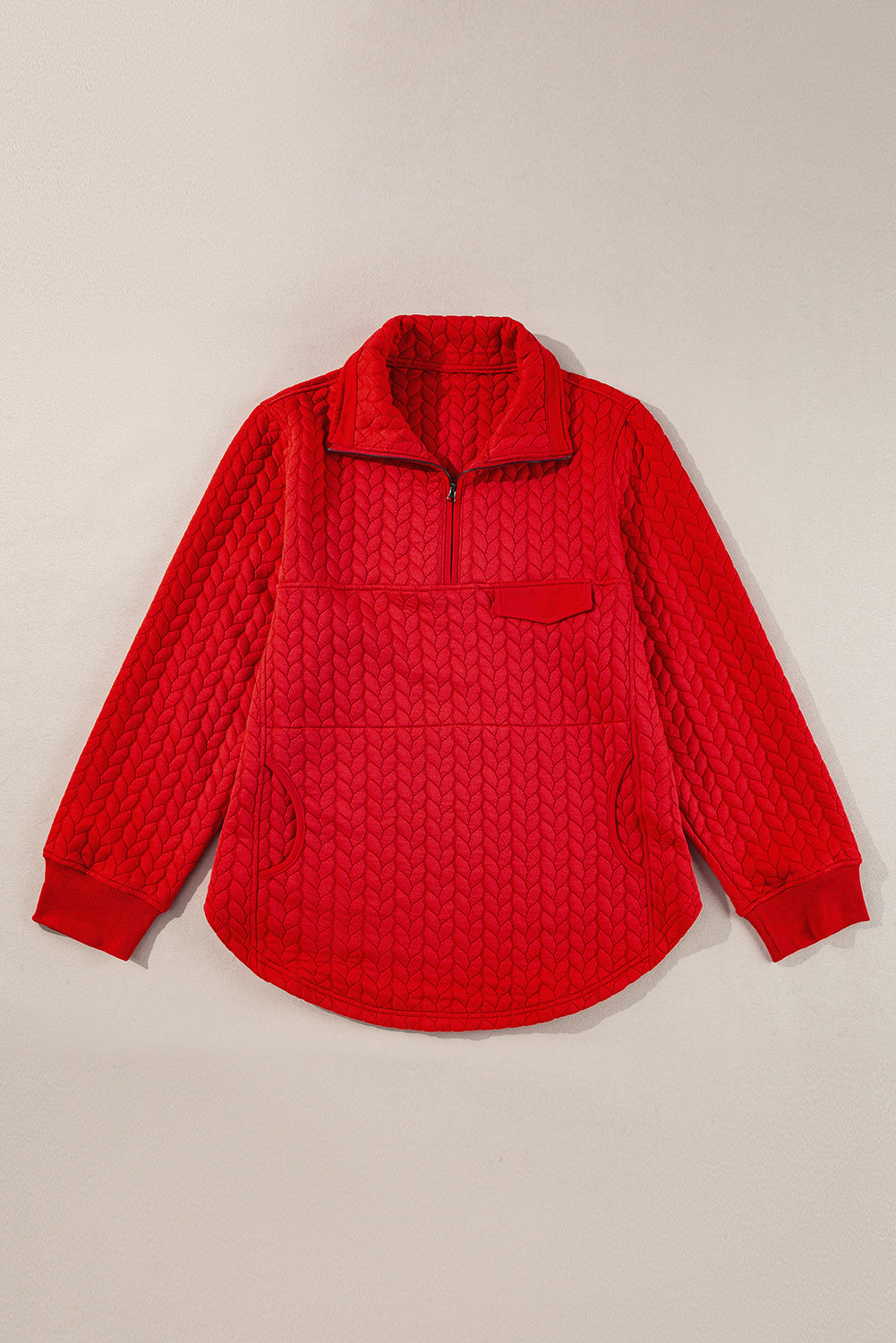 Tomato Red Cable Textured Quarter Zip Pocketed Plus Size Pullover - Cowaa