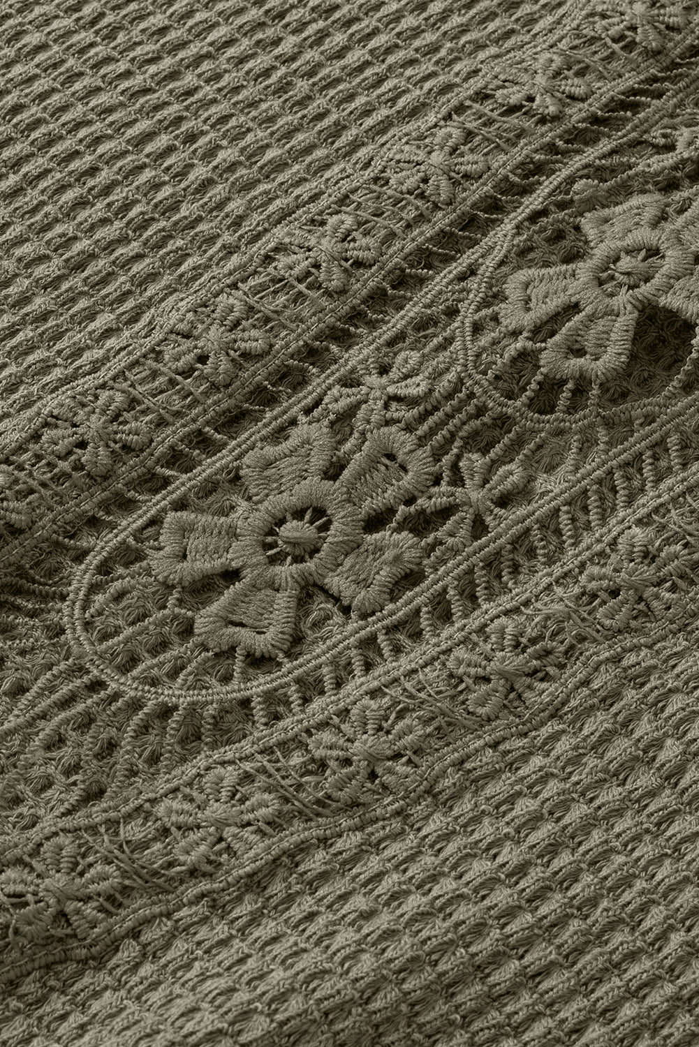 Oatmeal Guipure Lace Splicing Back Waffle Textured T-shirt - Cowaa
