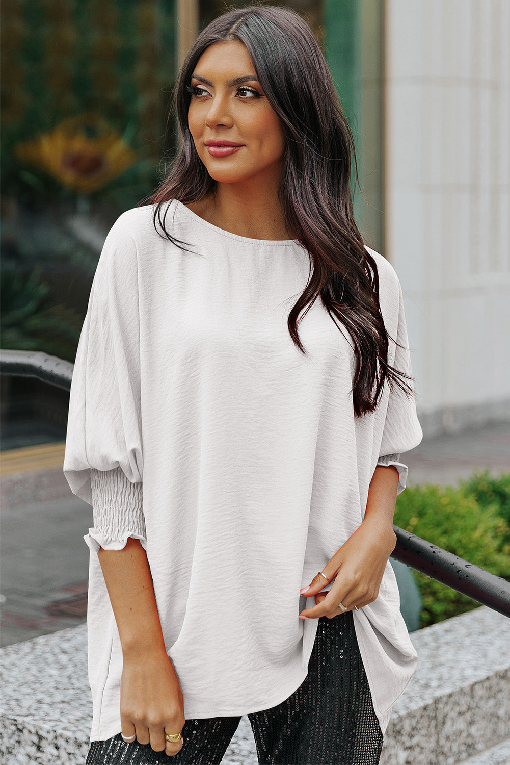 Apricot Solid Casual Smocked Cuffs Batwing Sleeve Blouse - Cowaa