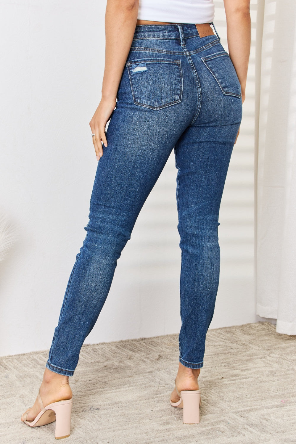 Judy Blue Full Size Mid Waist Distressed Slim Jeans - Cowaa
