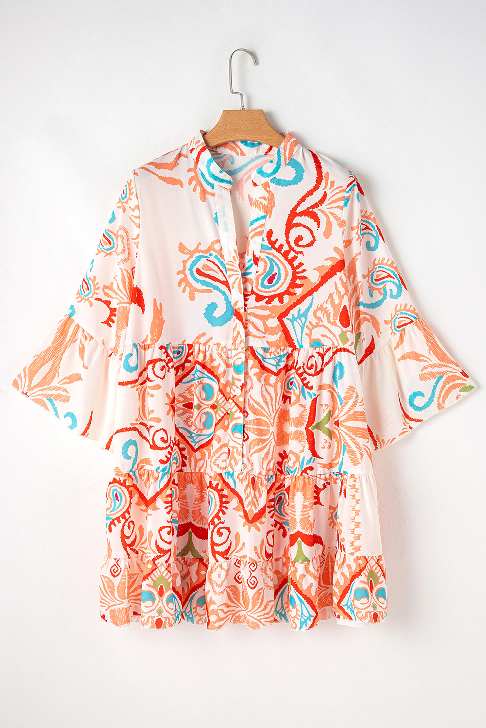 White Ethnic Print Boho Button Tiered Mini Dress - Cowaa
