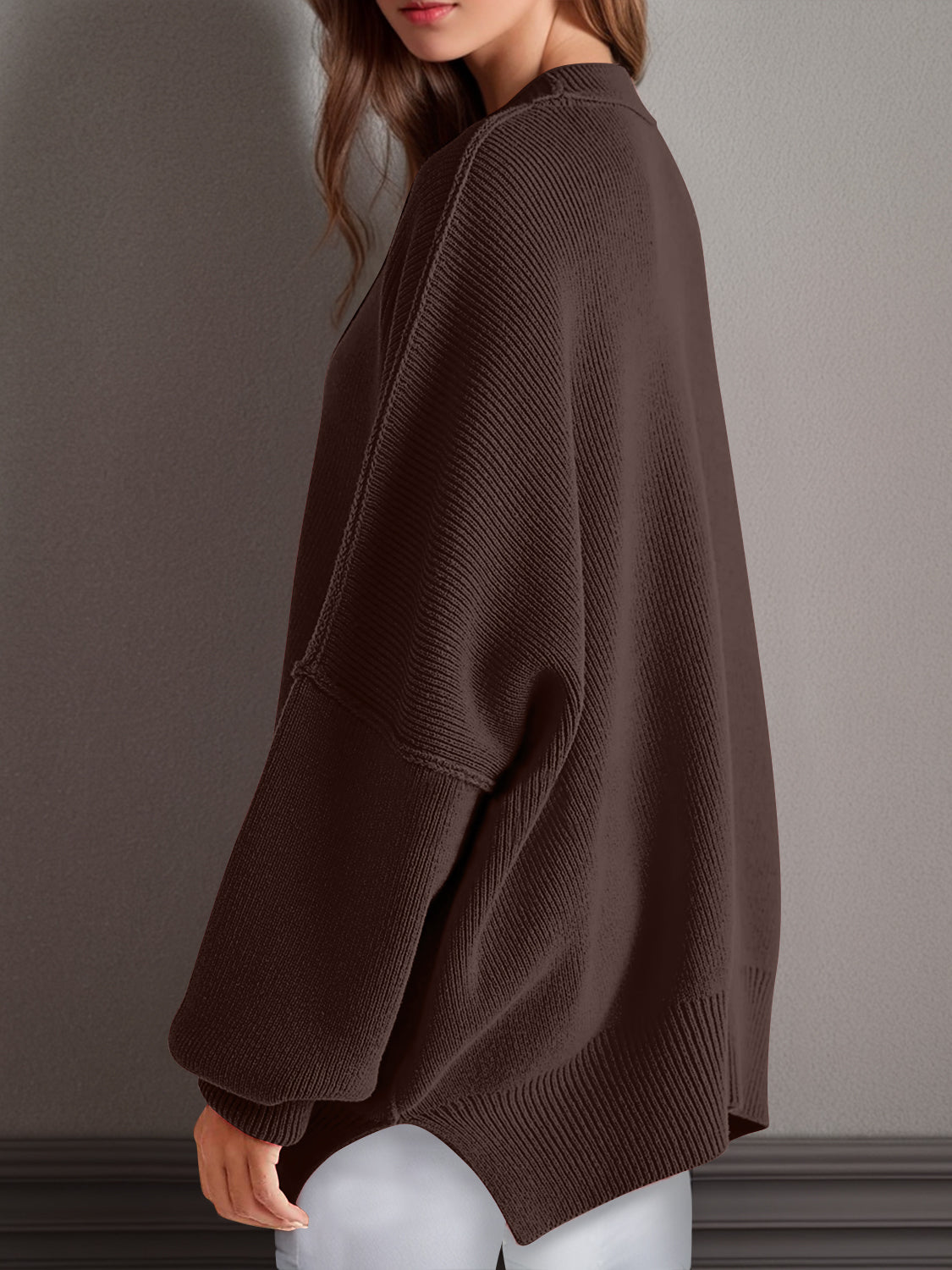 Double Take Side Slit Round Neck Long Sleeve Sweater - Cowaa