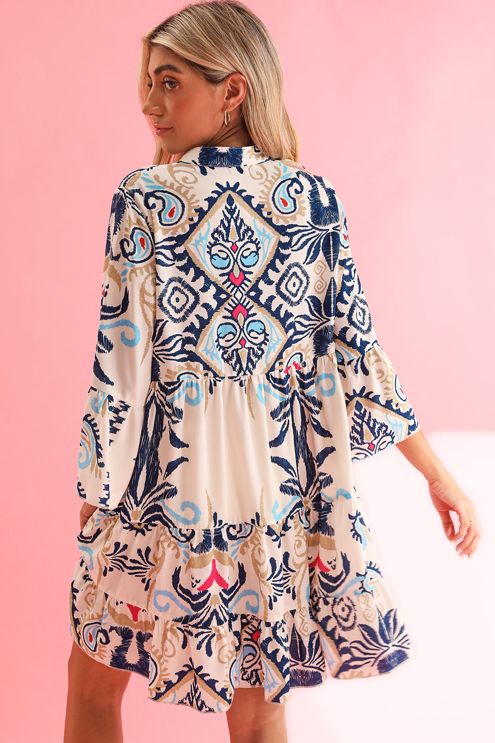 White Ethnic Print Boho Button Tiered Mini Dress - Cowaa