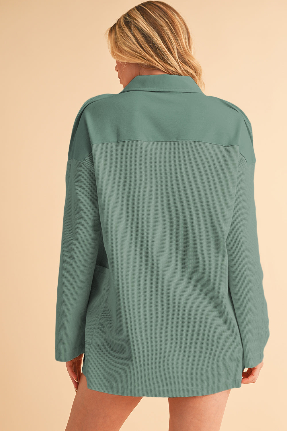 Pink Waffle Patchwork Drop Sleeve Henley Top - Cowaa