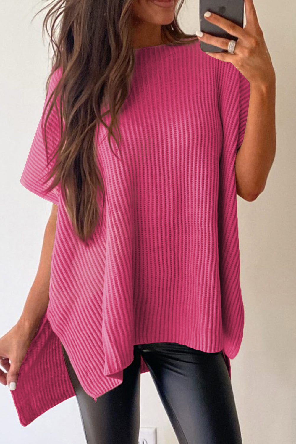 Rose Red Side Slit Short Sleeve Oversized Sweater - Cowaa