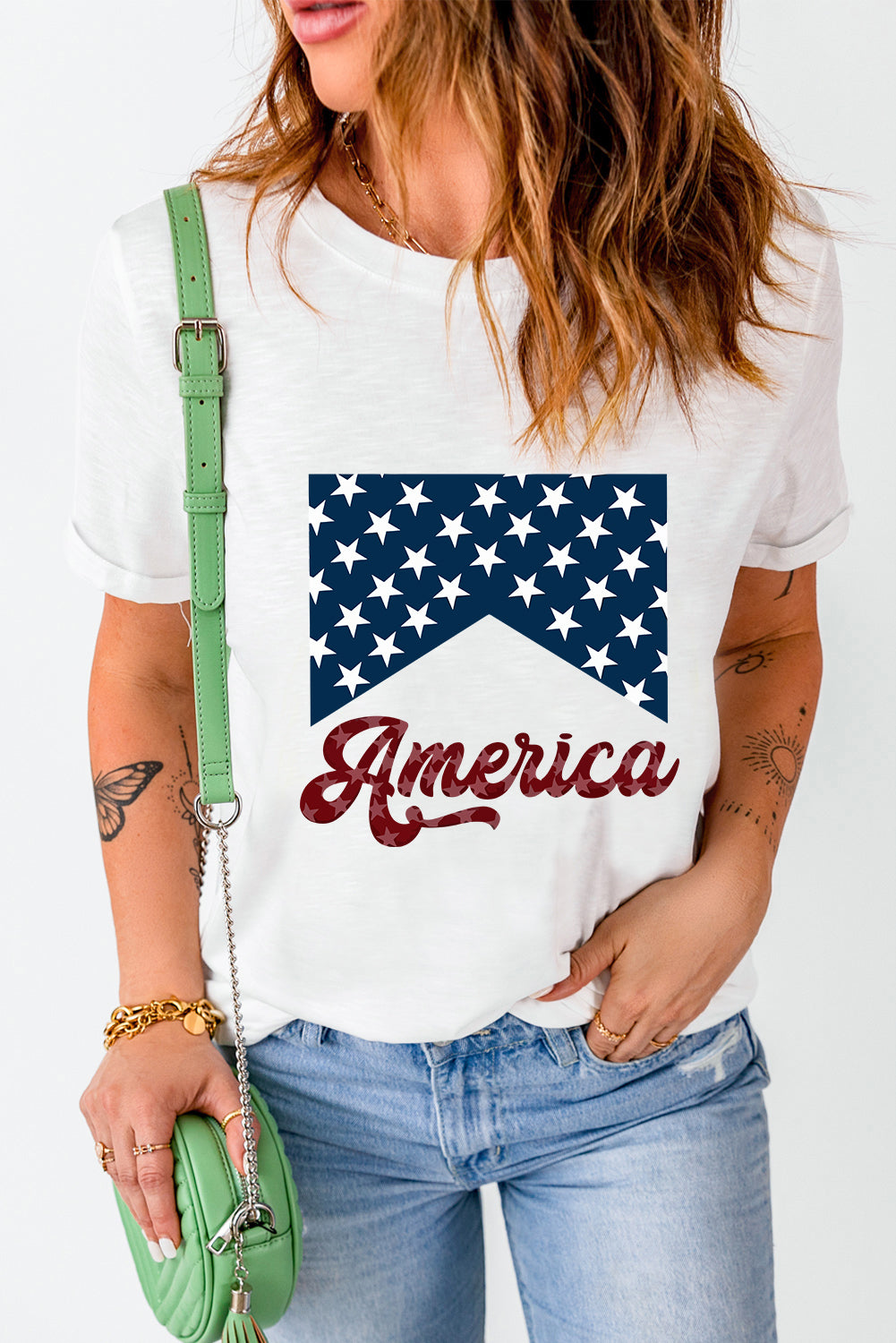 White Casual America Stars Graphic Crew Neck T Shirt - Cowaa