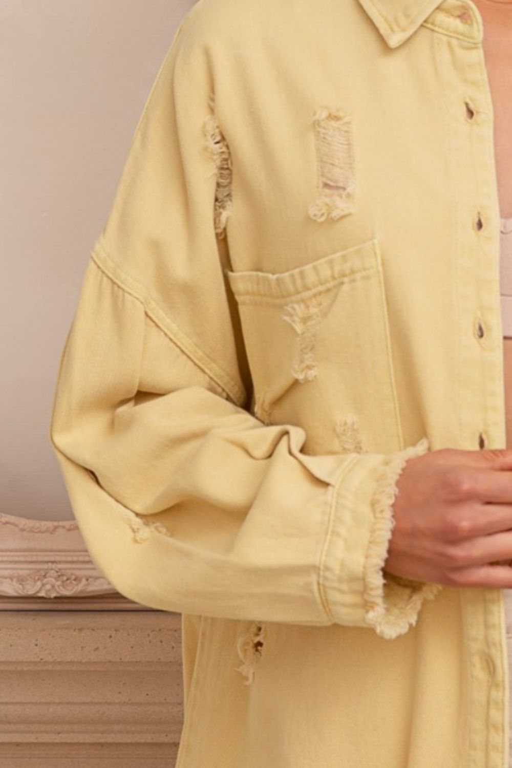 Button Down Raw Hem Distressed Shacket - Cowaa