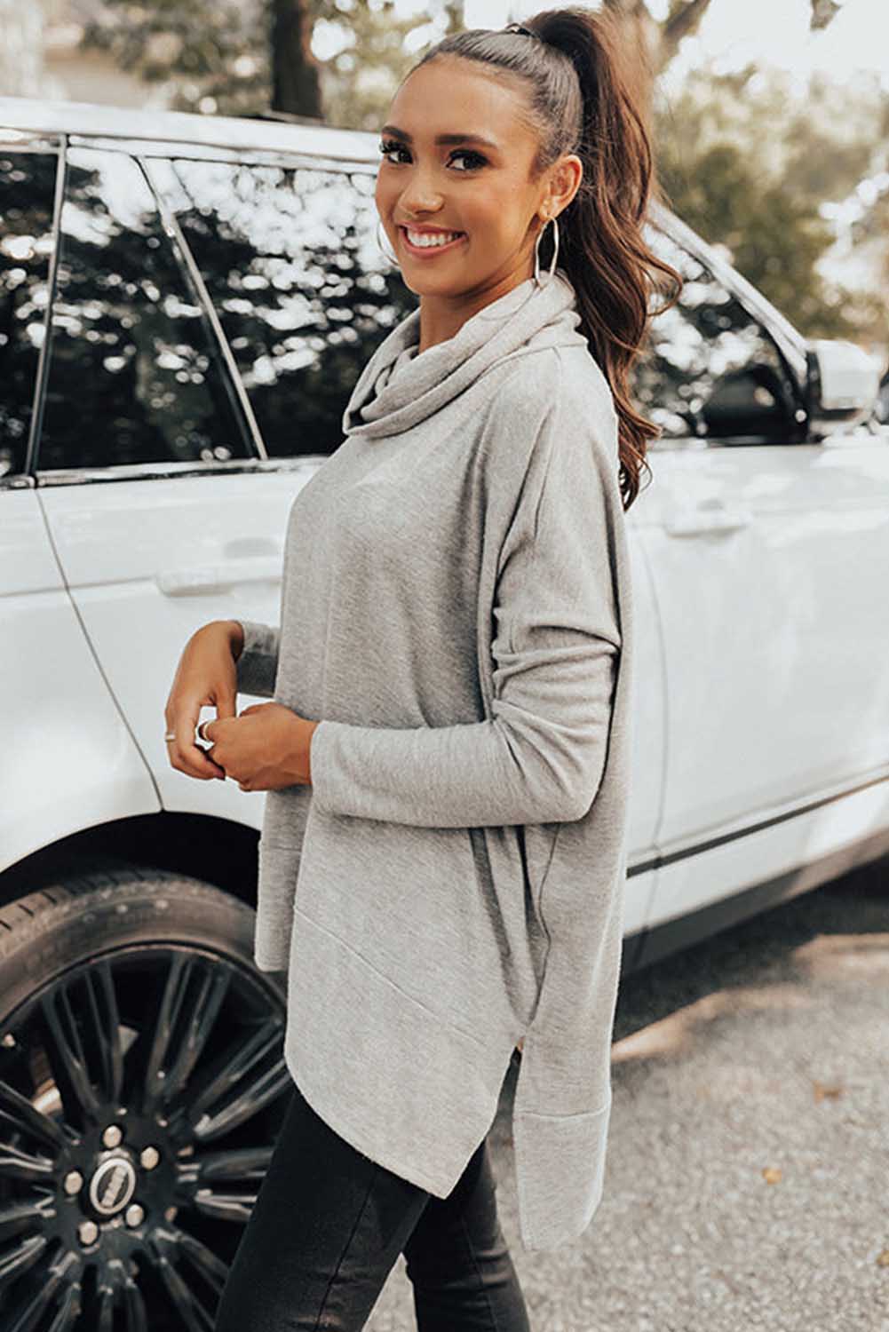 Cowl Neck Loose Fit Tunic Long Sleeve Top - Cowaa