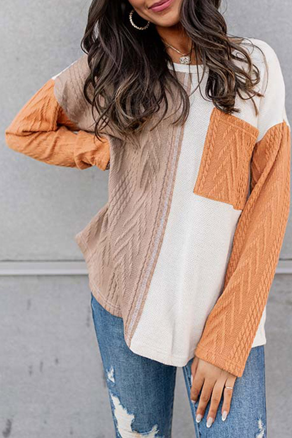 Long Sleeve Colorblock Chest Pocket Textured Knit Top - Cowaa