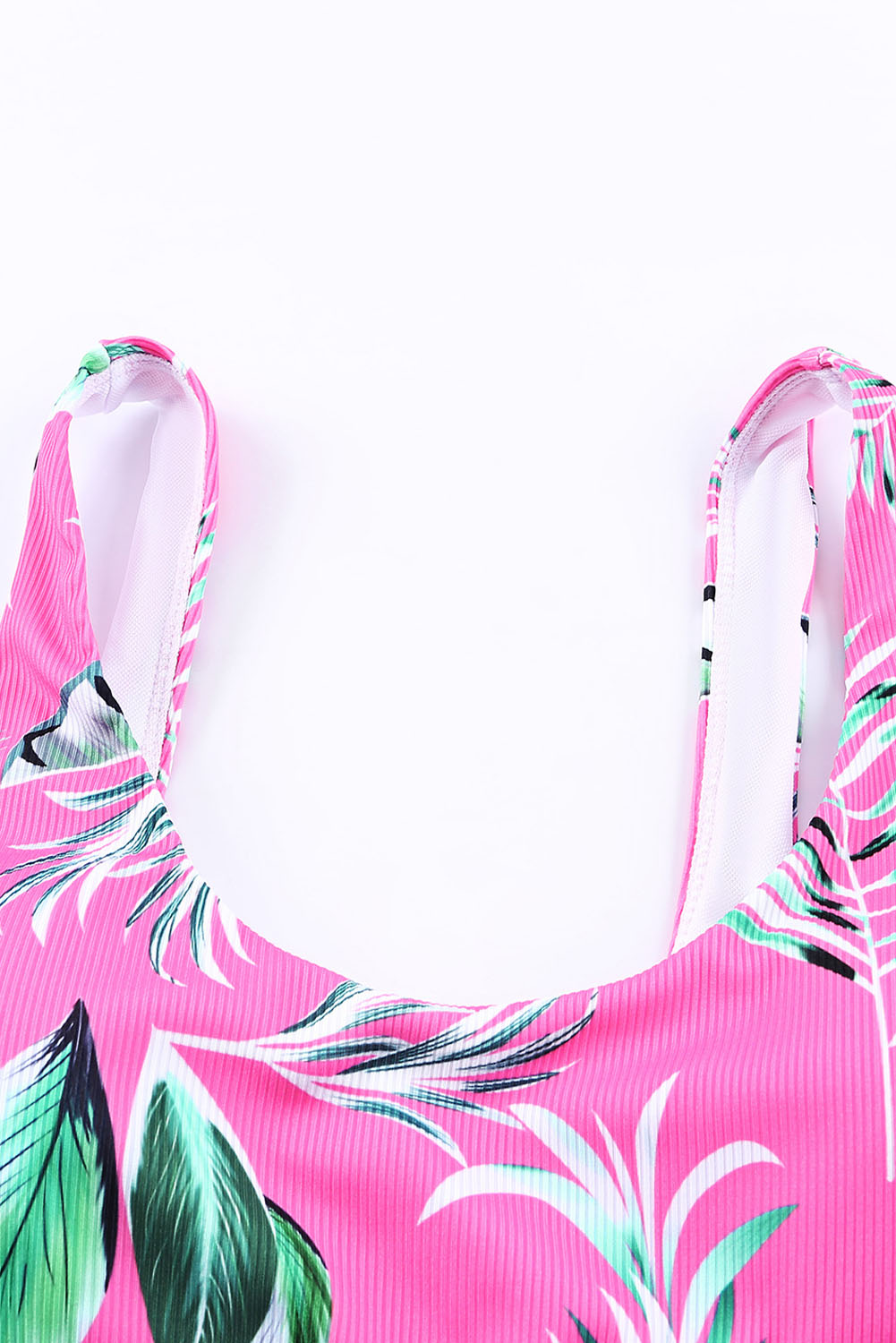 Rose Tropical Plant Print Ribbed Bikini Top - Cowaa