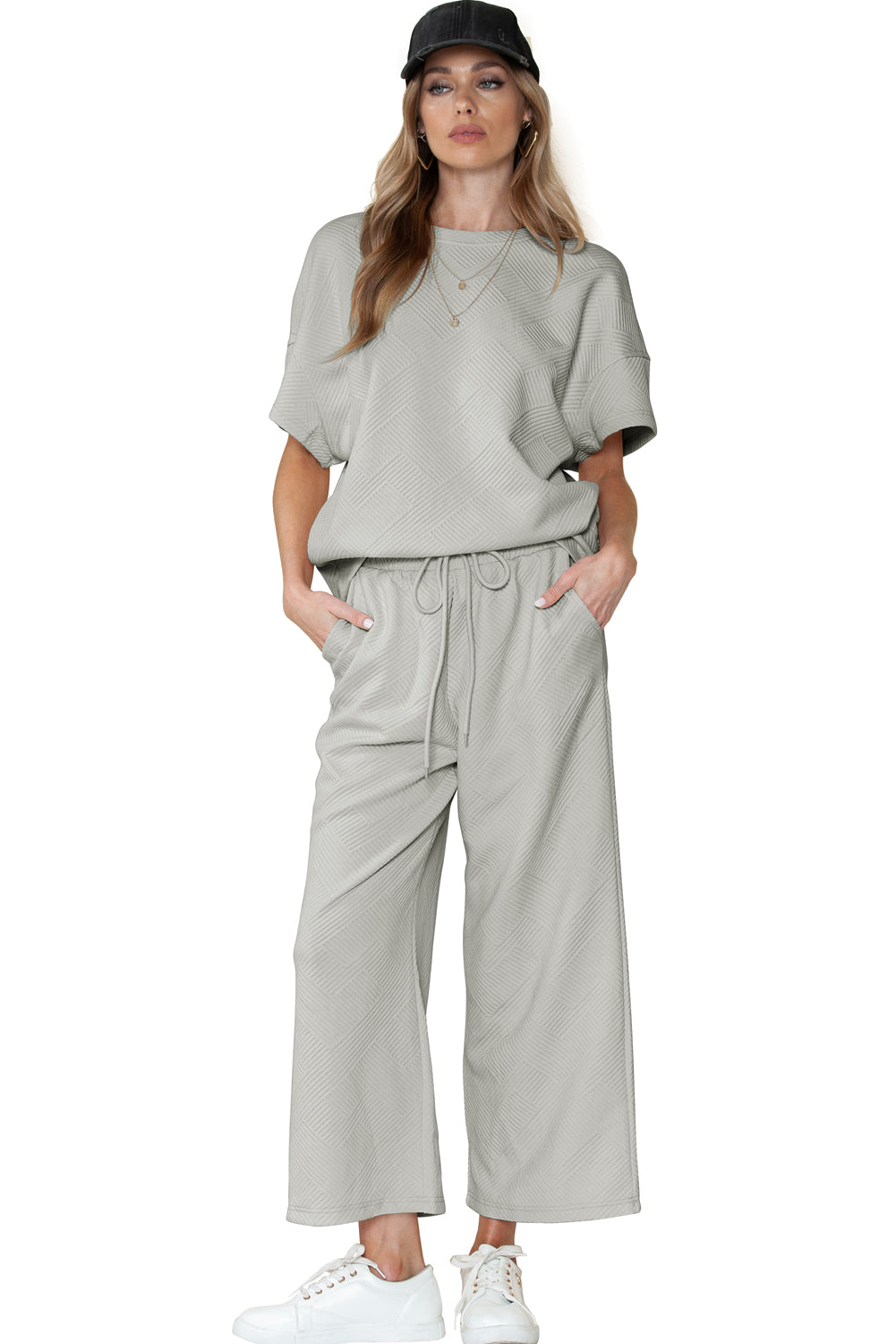 Navy Blue Textured Loose Fit T Shirt and Drawstring Pants Set - Cowaa