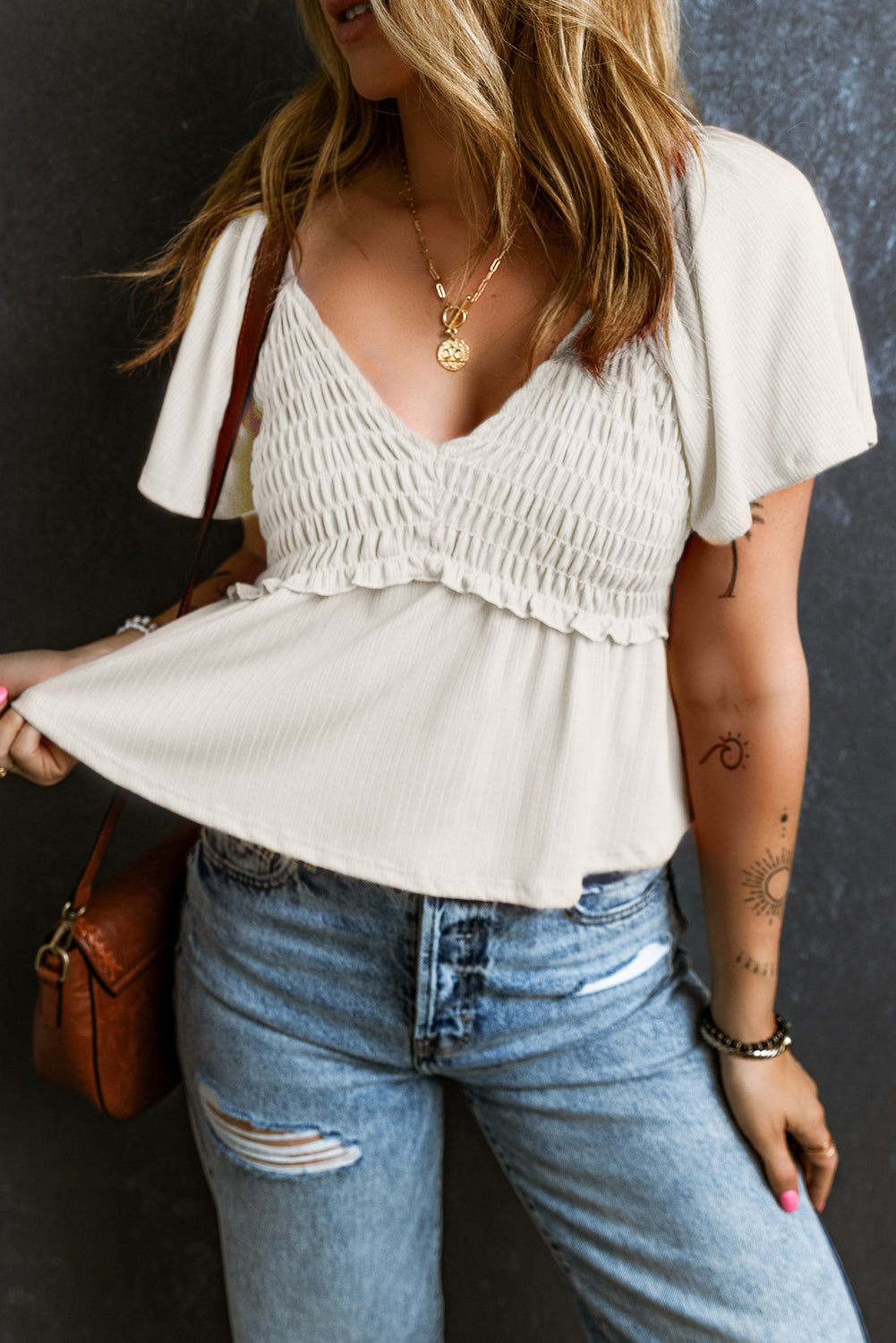 Oatmeal Shirred V Neck Short Flutter Sleeve Textured Blouse - Cowaa