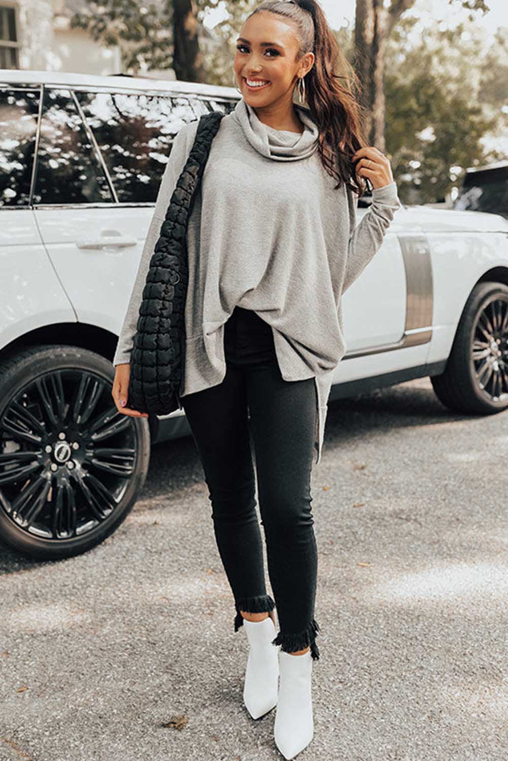 Cowl Neck Loose Fit Tunic Long Sleeve Top - Cowaa