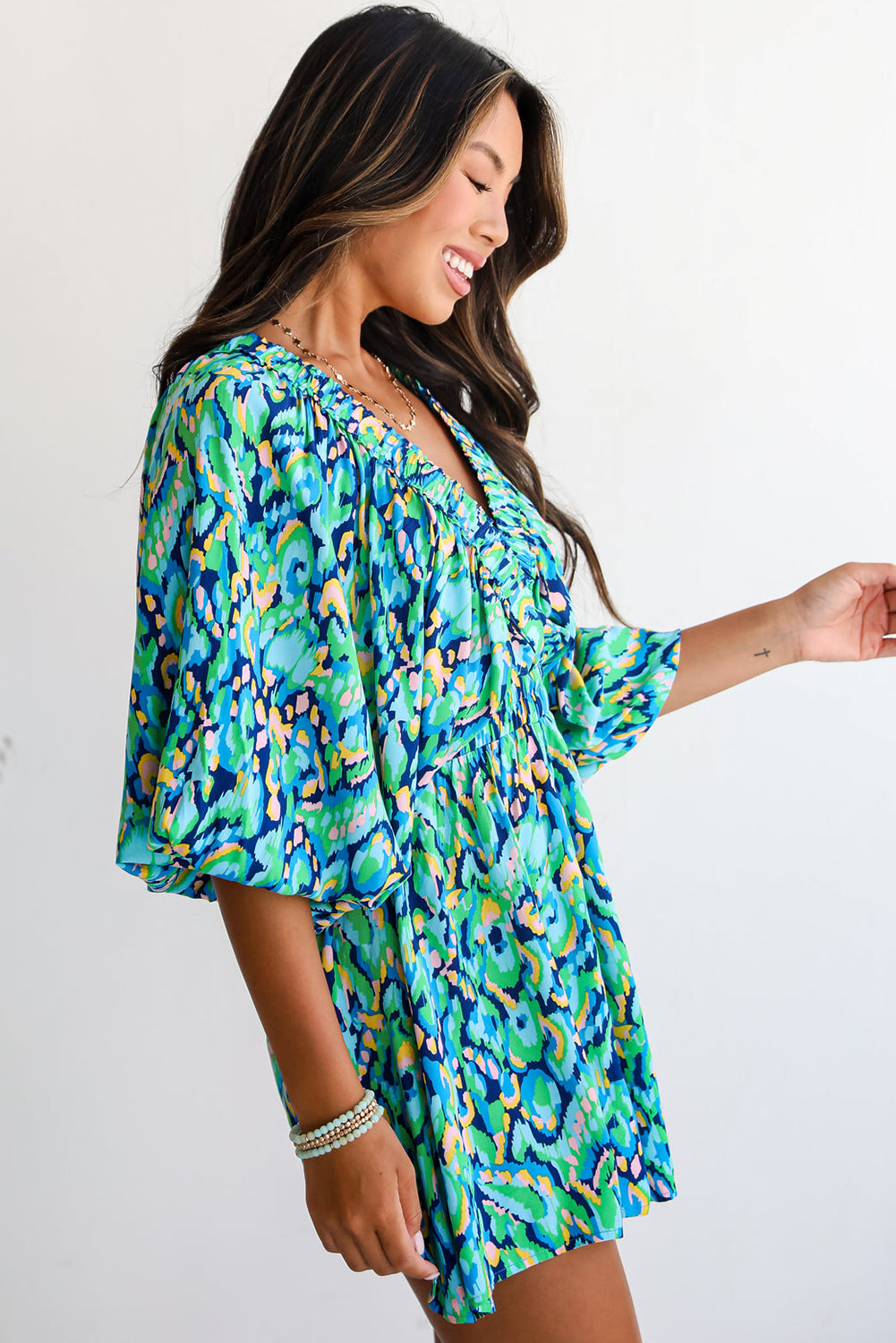 Abstract Print Dolman Sleeve V Neck High Waist Romper