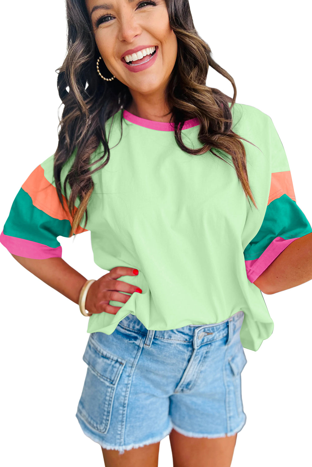 Green Color Block Sleeve Round Neck Oversize Top - Cowaa
