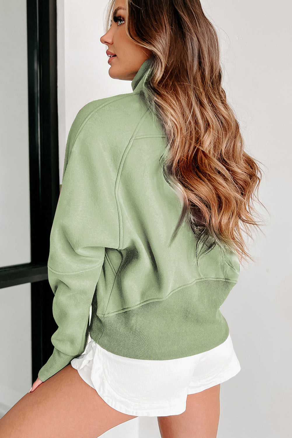 Brown Zip Up Stand Collar Thumbhole Sleeve Sweatshirt - Cowaa
