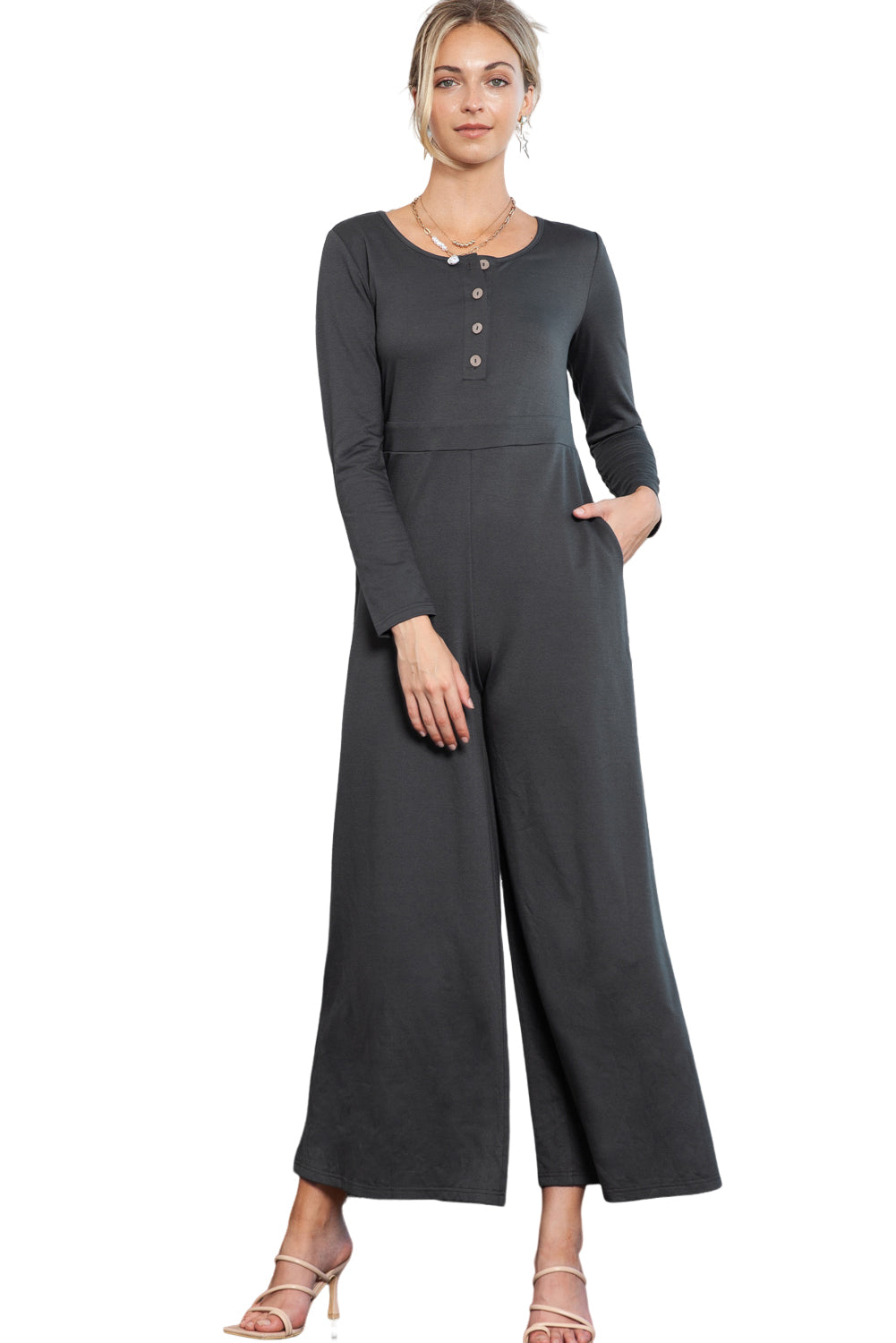 Dark Grey Henley Long Sleeve Wide Leg Jumpsuit with Pockets - Cowaa