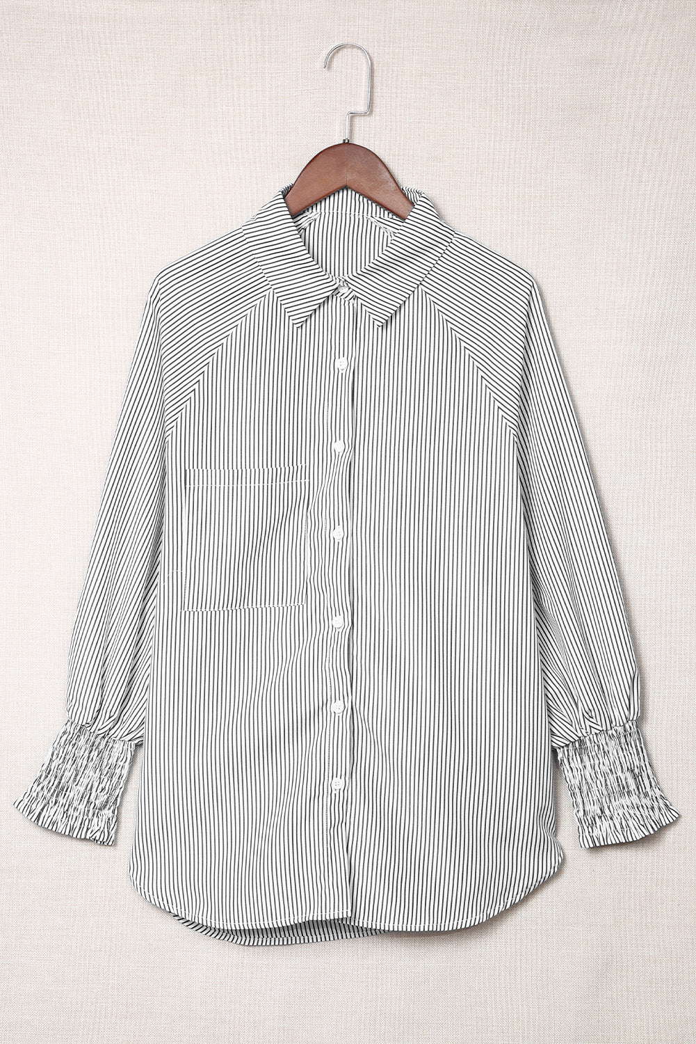 Black Striped Casual Shirred Cuffs Shirt - Cowaa
