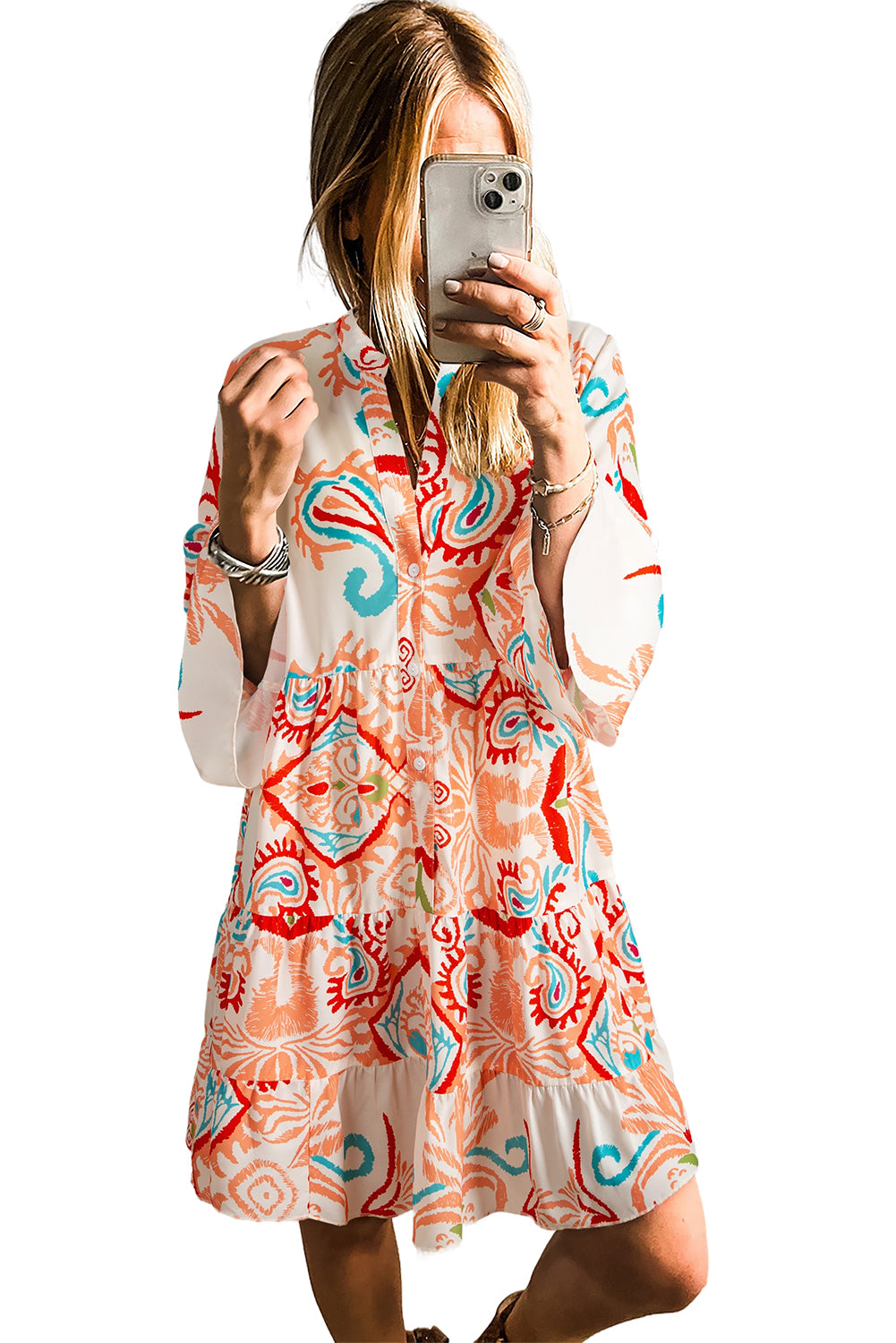 White Ethnic Print Boho Button Tiered Mini Dress - Cowaa