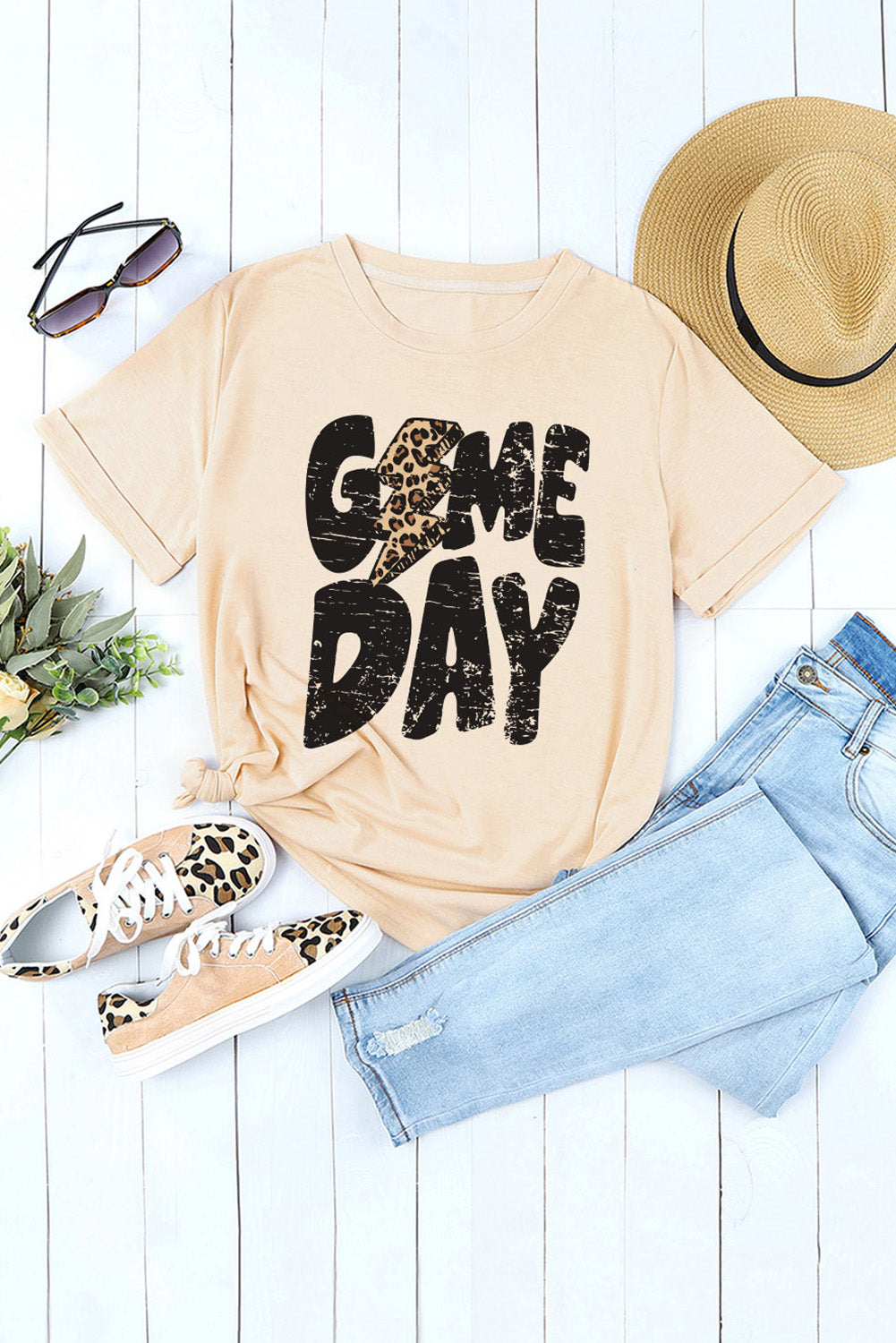 Khaki Game Day Football Season Casual Graphic T Shirt - Cowaa