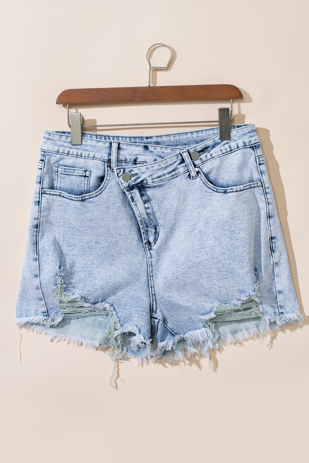 Light Blue Acid Wash Crossed Raw Edge Denim Shorts - Cowaa