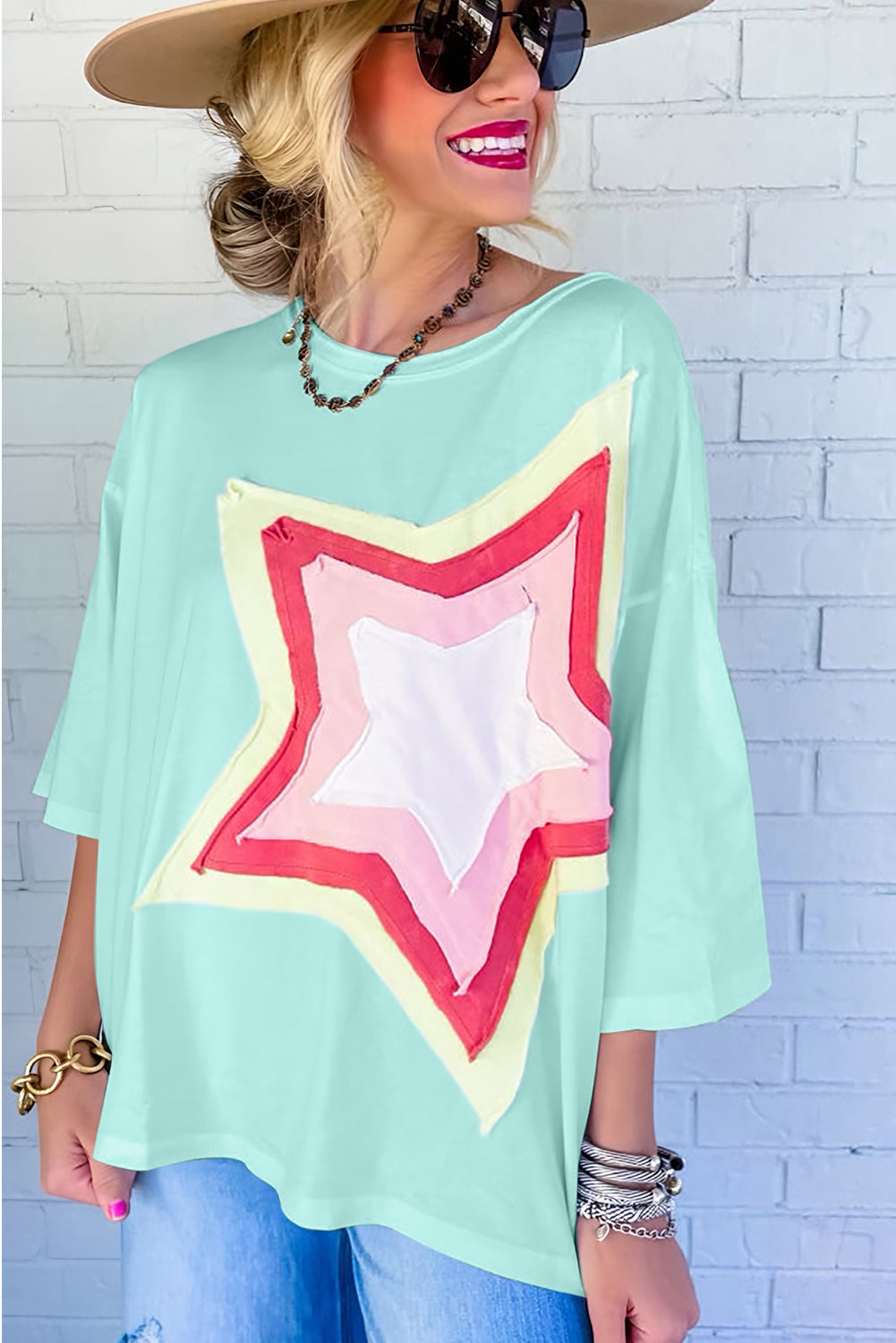 White Colorblock Star Patched Half Sleeve Oversized Tee - Cowaa