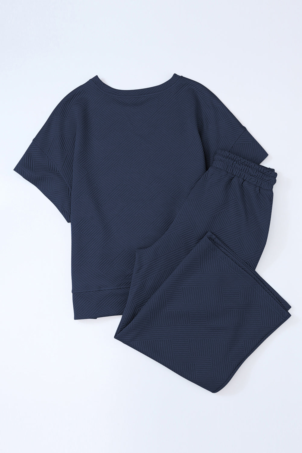 Navy Blue Textured Loose Fit T Shirt and Drawstring Pants Set - Cowaa